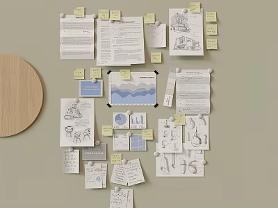 Creative Wall Decor with Pinned Papers Notes Charts and Hand Drawn Sketches 3d model