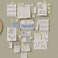 Creative Wall Decor with Pinned Papers Notes Charts and Hand Drawn Sketches 3d model