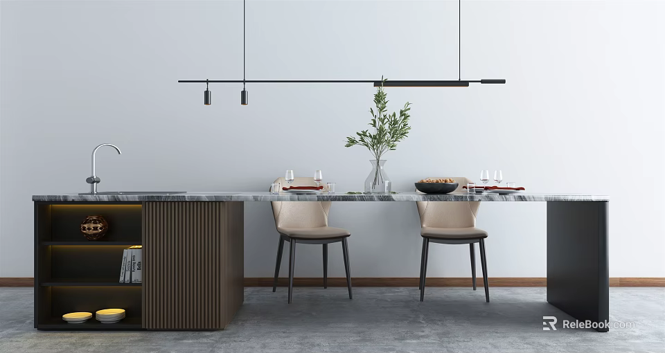 Modern Open Kitchen Interior With Island Counter Pendant Lights And Dining Chairs 3d model