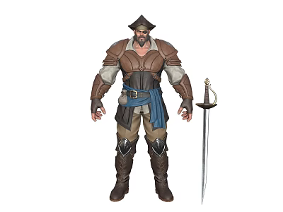 Bearded Human Warrior Character In Brown Armor With Blue Sash And Sword 3d model