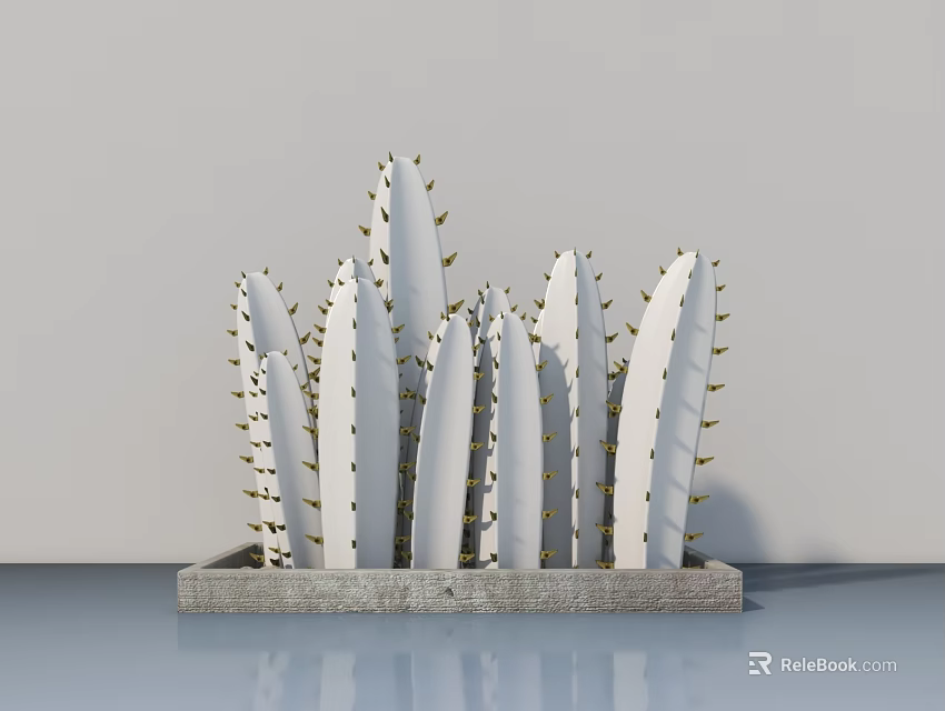 Bonsai Plant with White Cactus Like Stems and Golden Thorns in Gray Concrete Pot 3d model 