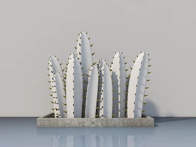 Bonsai Plant with White Cactus Like Stems and Golden Thorns in Gray Concrete Pot 3d model