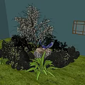 Garden Ornament with Blossoming Tree Birdcage Green Plants and Windows on Lawn