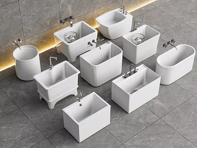 White Bathroom Fixtures Arranged On Gray Tiles 3d model