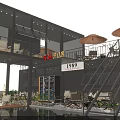 Modern Container Building Cafe Design With Outdoor Terrace Tables Chairs And Lighting