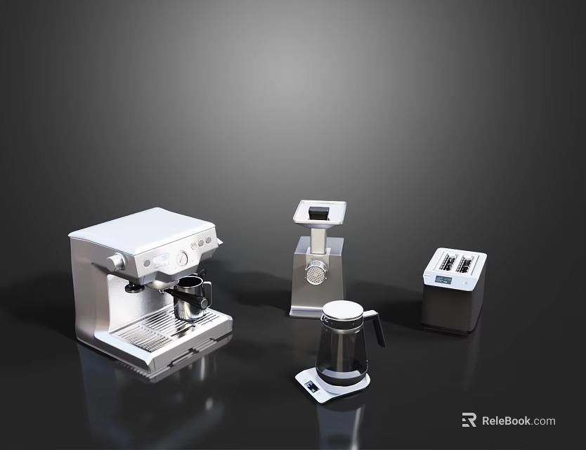 Stainless Steel Modern Kitchen Appliances With Espresso Machine Toaster Kettle And Scale 3d model 
