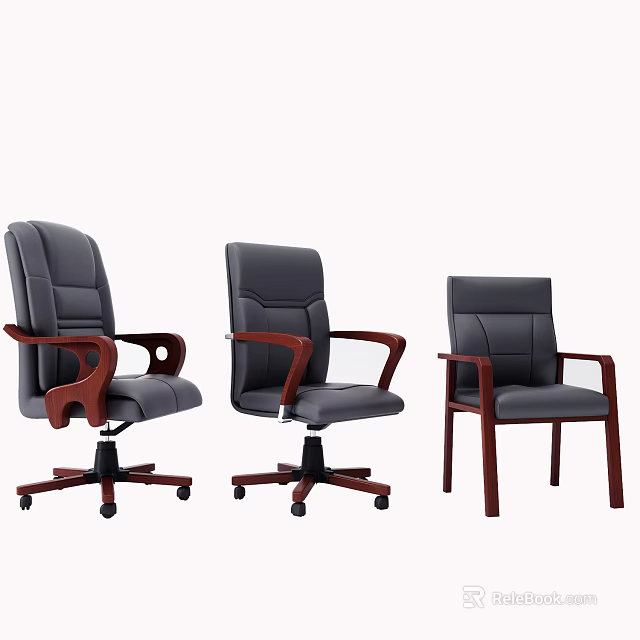 Three Different Styles Gray Office Chairs With Wooden Armrests And Wheels Or Fixed Legs 3d model 