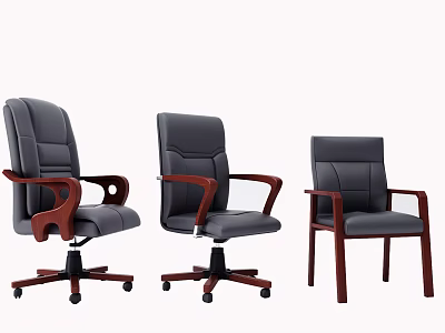 Three Different Styles Gray Office Chairs With Wooden Armrests And Wheels Or Fixed Legs 3d model