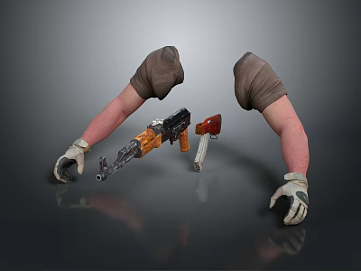 Gun Weapon With Black Orange Body Held By Brown Sleeved Arms White Gloves Red Accessory 3d model