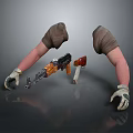 Gun Weapon With Black Orange Body Held By Brown Sleeved Arms White Gloves Red Accessory