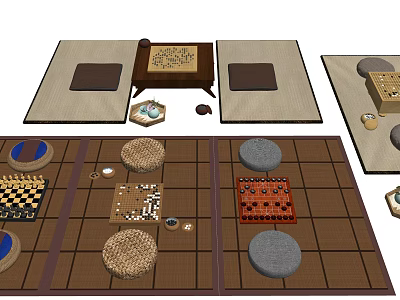 Traditional Board Games Entertainment Area With Various Game Boards Chess Pieces And Seating Mats 3d model