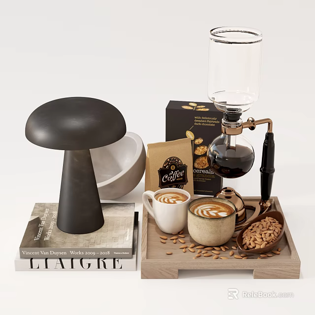 Decorative Ornaments Set with Mushroom Shaped Ornament Book Coffee Mugs Maker and Nuts on Tray 3d model 