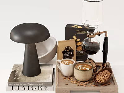 Decorative Ornaments Set with Mushroom Shaped Ornament Book Coffee Mugs Maker and Nuts on Tray 3d model
