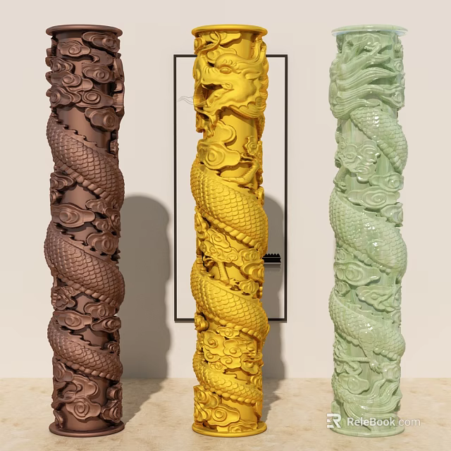 Brown Yellow Green Columns With Intricate Carved Dragon Patterns And Ornate Details 3d model 