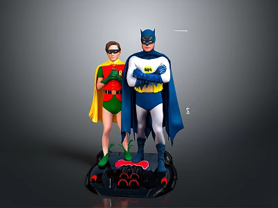 Batman and Robin Standing Statues with Blue Gray Green Red Costumes and Black Base 3d model