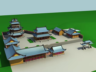 Traditional Chinese Ancient Architecture with Multiple Buildings Tiered Roofs Overhanging Eaves and Courtyard 3d model