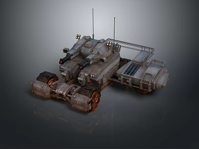 Mechanical Tank with Heavy Tread Tracks Mounted Cannons Antenna Arrays and Industrial Metal Texture 3d model