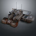 Mechanical Tank with Heavy Tread Tracks Mounted Cannons Antenna Arrays and Industrial Metal Texture
