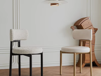Modern Dining Chairs With Beige Upholstery Black And Light Wood Legs White Walls Wooden Floor 3d model