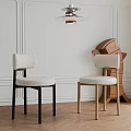 Modern Dining Chairs With Beige Upholstery Black And Light Wood Legs White Walls Wooden Floor
