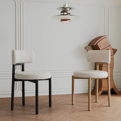 Modern Dining Chairs With Beige Upholstery Black And Light Wood Legs White Walls Wooden Floor 3d model