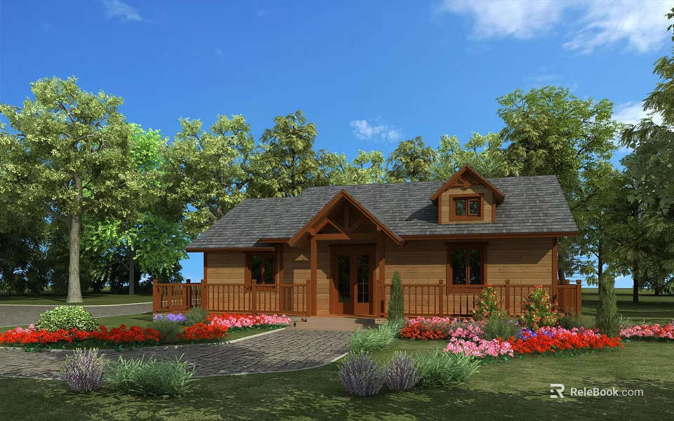 Wooden Cabin with Gray Roof Front Porch and Driveway Surrounded by Trees and Colorful Flowers 3d model 