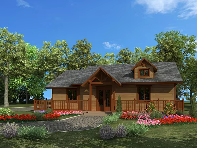 Wooden Cabin with Gray Roof Front Porch and Driveway Surrounded by Trees and Colorful Flowers 3d model