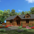 Wooden Cabin with Gray Roof Front Porch and Driveway Surrounded by Trees and Colorful Flowers