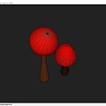 Two Red Mushrooms With White Stripes And Wooden Stems On Blue Background