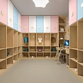 Kindergarten Storage Space With Colorful Lockers Circular Decorations Hanging Clothes Toys And Shoes