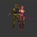 Man in tactical combat gear posing with woman holding rifle and military equipment