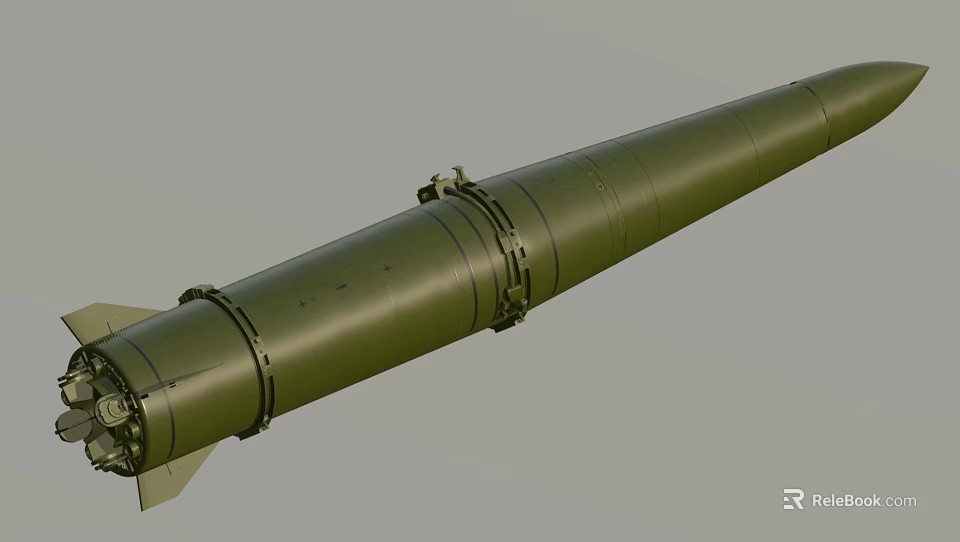 Green Cylindrical Military Missile With Metal Structure And Propeller Tail 3d model