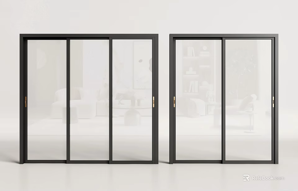 Modern Black Framed Sliding Doors With Transparent Glass Panels For Home Interior 3d model 