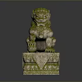 Ancient Style Stone Lion Statue With Moss Covered Surface And Carved Base