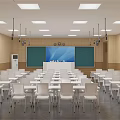 School Classroom Interior With Neatly Arranged White Desks Chairs Large Screen And Ceiling Lights