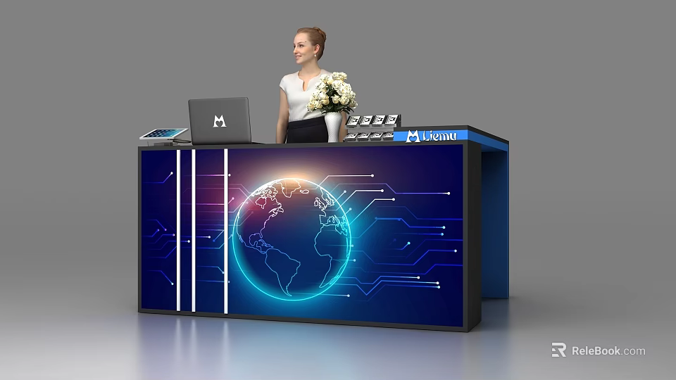 Modern Reception Desk With Illuminated Globe Circuit Patterns Laptop And Lucent Logo 3d model 