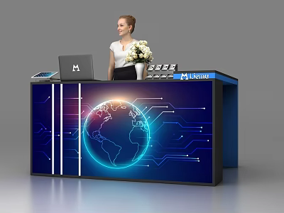 Modern Reception Desk With Illuminated Globe Circuit Patterns Laptop And Lucent Logo 3d model