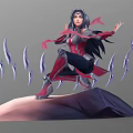 Female Warrior Character In Dynamic Pose With Spiked Creature Appendages And Red Black Outfit