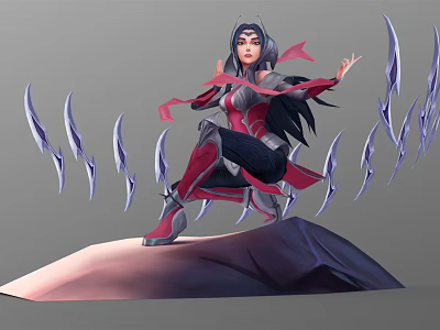 Female Warrior Character In Dynamic Pose With Spiked Creature Appendages And Red Black Outfit 3d model