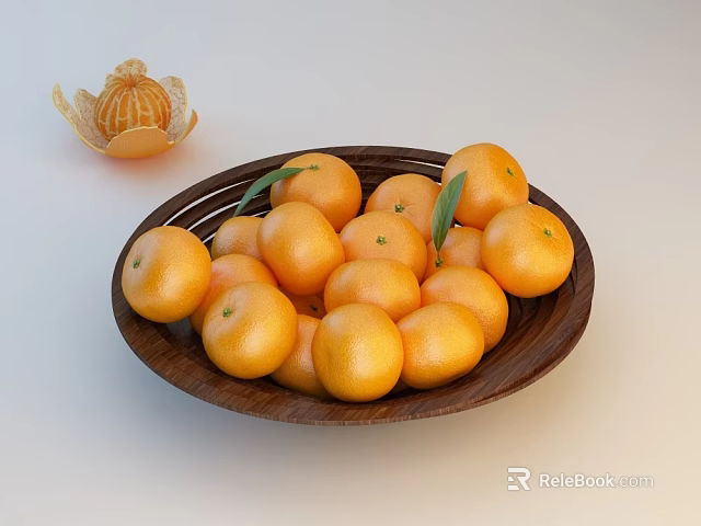 Fresh Ripe Oranges in Wooden Bowl with Green Leaves and Peeled Skin 3d model 