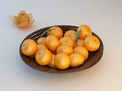 Fresh Ripe Oranges in Wooden Bowl with Green Leaves and Peeled Skin 3d model