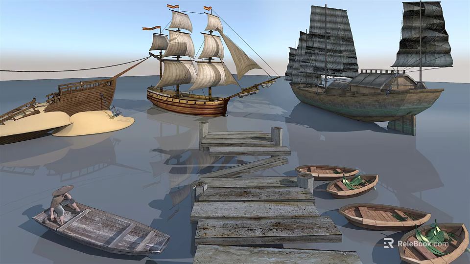 Wooden Boats Including Sailing Ships And Small Vessels Near Wooden Dock On Calm Water 3d model 