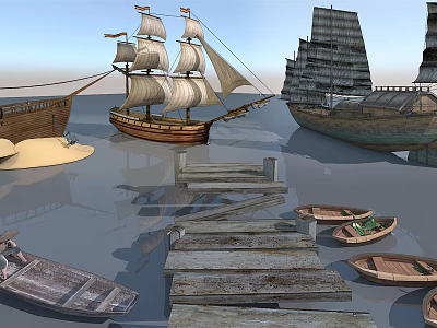 Wooden Boats Including Sailing Ships And Small Vessels Near Wooden Dock On Calm Water 3d model