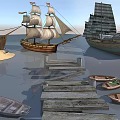 Wooden Boats Including Sailing Ships And Small Vessels Near Wooden Dock On Calm Water