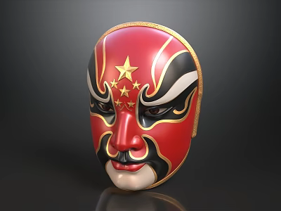 Red Chinese Opera Mask With Gold Stars And Black White Ornamental Design 3d model