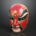 Red Chinese Opera Mask With Gold Stars And Black White Ornamental Design
