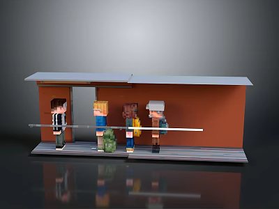 3D Pixel Style Characters Standing On Waiting Platform With Orange Wall And Wooden Floor 3d model