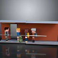 3D Pixel Style Characters Standing On Waiting Platform With Orange Wall And Wooden Floor