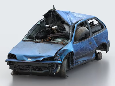 Blue Wrecked Car With Severe Body Damage And Broken Components 3d model