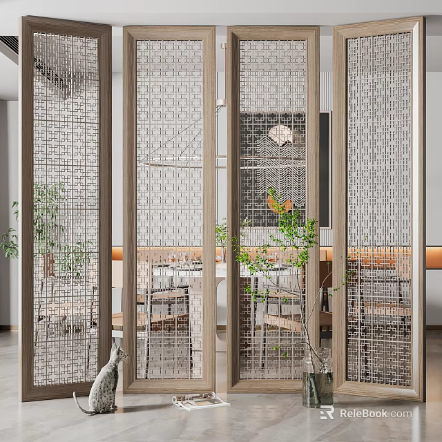 Wooden Partition with Intricate Lattice Design Separating Modern Dining Area Interior 3d model 